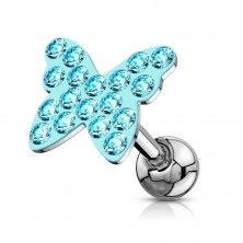Steel ear tragus piercing, colourful butterfly decorated with zircons