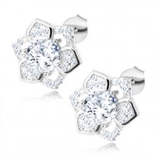 Earrings, 925 silver, shimmering flower, clear zircons