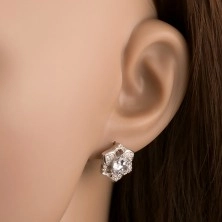 Earrings, 925 silver, shimmering flower, clear zircons