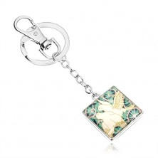 Cabochon keychain, square with clear glaze, two white doves, leaves