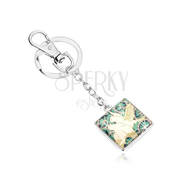 Cabochon keychain, square with clear glaze, two white doves, leaves
