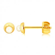 375 gold earrings - small shiny circle with tiny round pearl