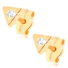 Stud earrings made of yellow 9K gold - small triangle, sparkly clear zircon