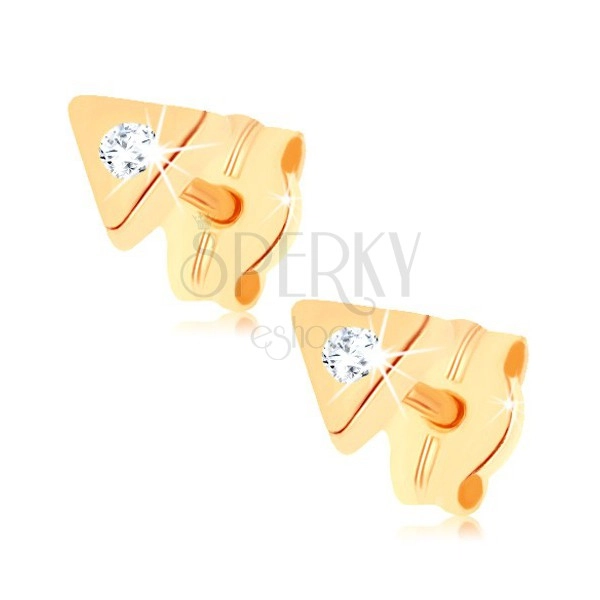 Stud earrings made of yellow 9K gold - small triangle, sparkly clear zircon