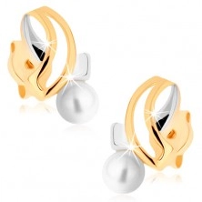 Earrings made of yellow 9K gold - two-tone crossed lines, white pearl