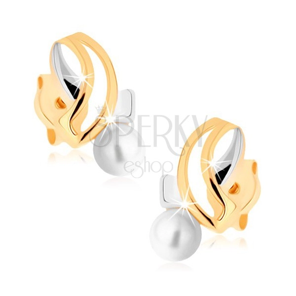 Earrings made of yellow 9K gold - two-tone crossed lines, white pearl