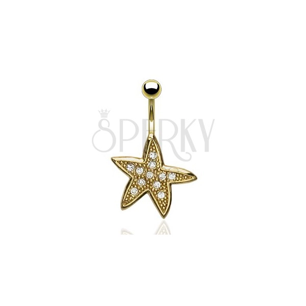Navel piercing in gold hue, starfish, clear zircons