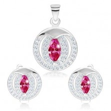 Set of earrings and pendant made of 925 silver, pink zircon - grain, circle outline