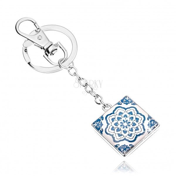 Cabochon keychain, square with glaze, blue-white flower, white background
