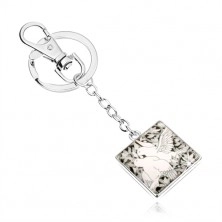 Keychain in silver colour, square covered with clear glaze, white doves