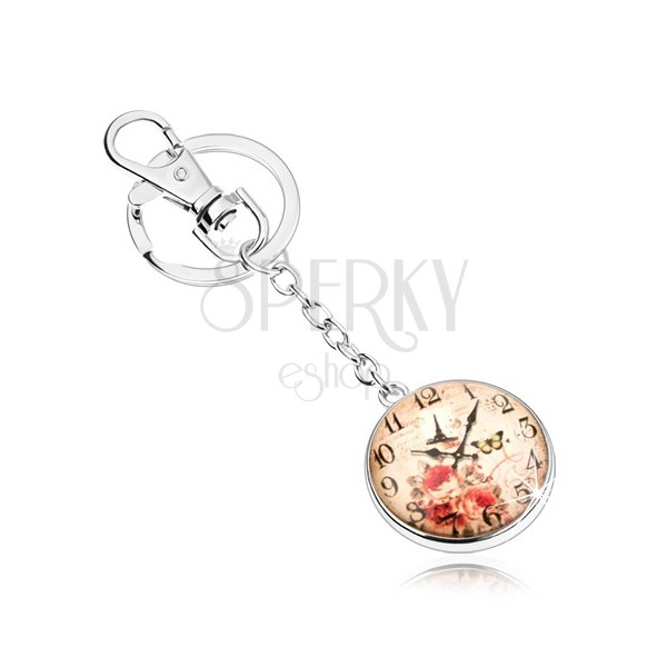 Keychain - cabochon, clock, Eiffel tower, butterfly, red roses