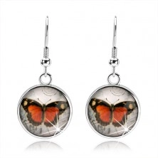 Cabochon earrings with convex clear glass, orange and black butterfly
