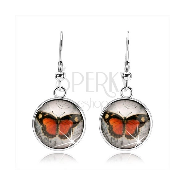 Cabochon earrings with convex clear glass, orange and black butterfly