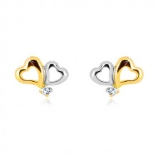 375 gold earrings - two-coloured heart contours, tiny clear zircon