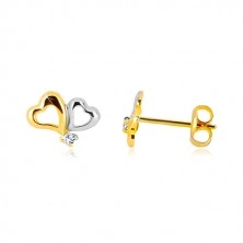375 gold earrings - two-coloured heart contours, tiny clear zircon