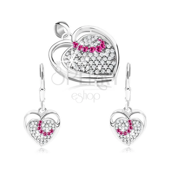 925 silver set, earrings and pendant, heart outline, heart made of zircons
