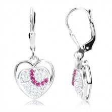 925 silver set, earrings and pendant, heart outline, heart made of zircons