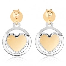 9K gold earrings - matted heart in shiny circular outline, two-tone