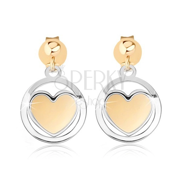 9K gold earrings - matted heart in shiny circular outline, two-tone