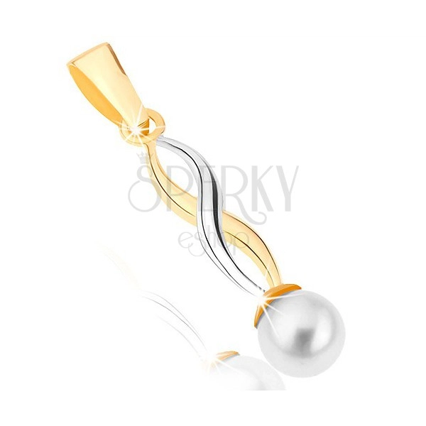 375 gold pendant - two-tone shiny waves, round white pearl