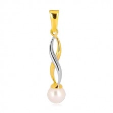 375 gold pendant - two-tone shiny waves, round white pearl