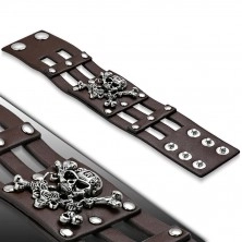 Leather bracelet of brown hue - pirate skull, rose, notches