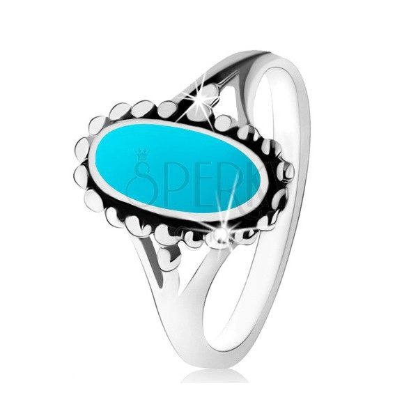 925 silver ring, oval in turquoise hue, tiny ball lining, split shoulders