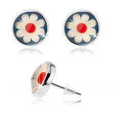 Stud cabochon earrings, convex glaze, floral motif