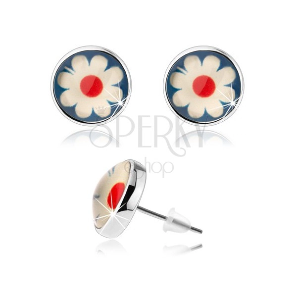 Stud cabochon earrings, convex glaze, floral motif