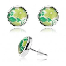 Cabochon earrings, clear glaze, studs, green flower, leaves, white base