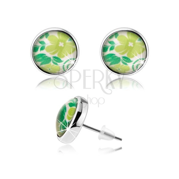 Cabochon earrings, clear glaze, studs, green flower, leaves, white base