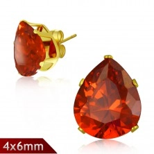 Stud earrings made of 316L steel, glittering teardrop in orange colour