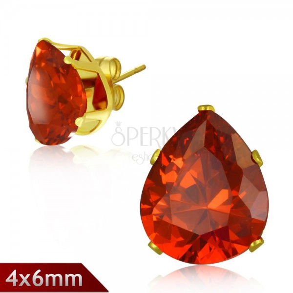 Stud earrings made of 316L steel, glittering teardrop in orange colour