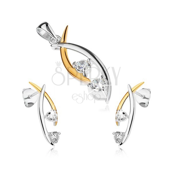 925 silver set, pendant and earrings, two-tone grain outline, clear zircons