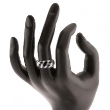 Ring, 925 silver, three slanted strips in black colour, grooves