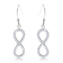Dangling 925 silver earrings, INFINITY symbol, clear sparkly zircons