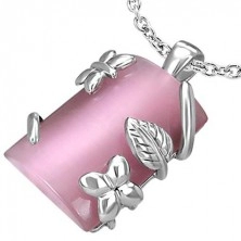 Rectangular steel pendant with floral ornament - pink