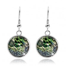 Cabochon earrings, silver hue, clear glass, abstract pattern