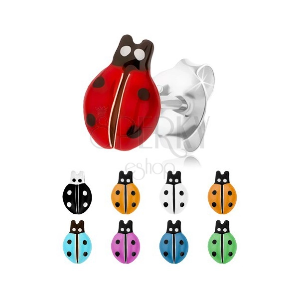 925 silver earrings, spotted ladybird with colourful glaze, studs