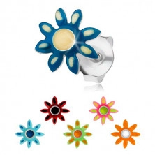 925 silver earrings, flower with colourful glaze, bulging centre, studs