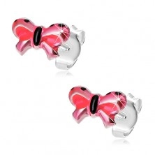 Stud earrings made of 925 silver, bow with pink and black enamel