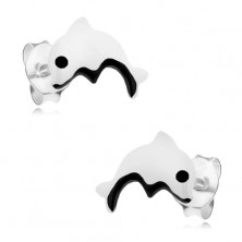 Earrings made of 925 silver, white dolphin with black belly and eye