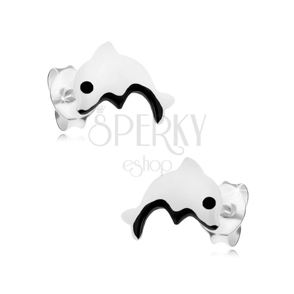 Earrings made of 925 silver, white dolphin with black belly and eye