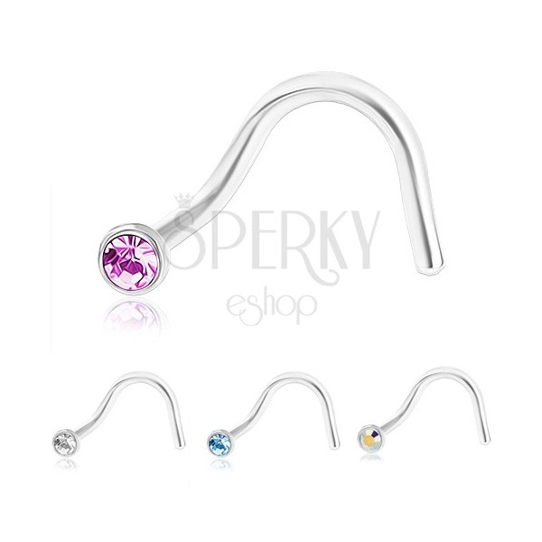 Curved nose ring made of 316L steel, silver colour, coloured zircon