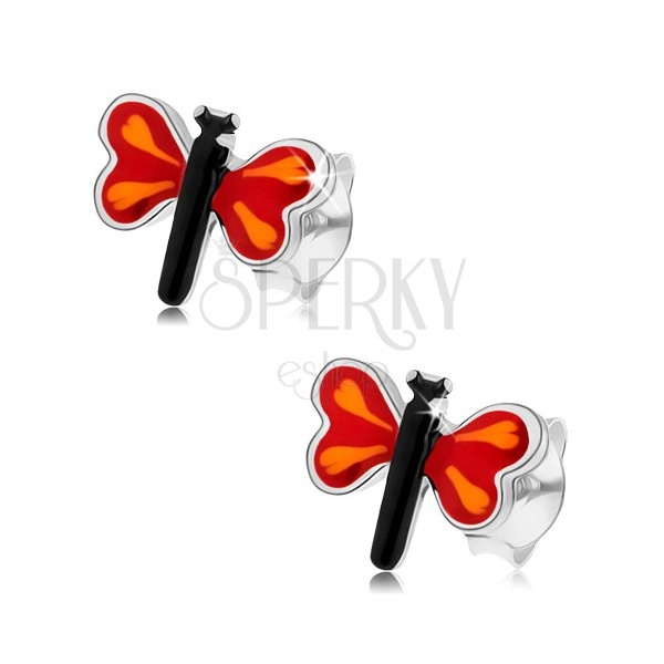Stud earrings made of 925 silver, colourful small butterfly, red wings