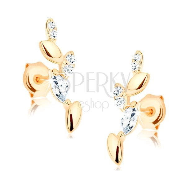 Earrings made of yellow 9K gold - glittering branch, smooth and zircon leaves
