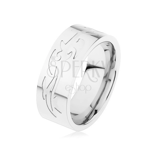 Steel ring, silver hue, engraved tribal pattern