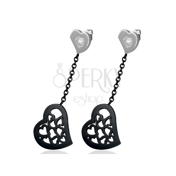 Dangling heart earrings made of surgical steel with zircon, bicoloured