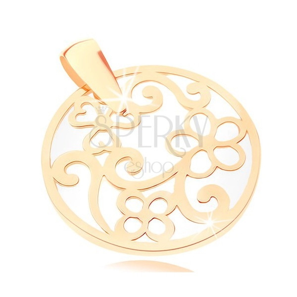 Pendant made of yellow 9K gold - circular contour with ornaments, pearly base