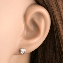 375 gold earrings - small symmetrical heart, glossy outline, zircons